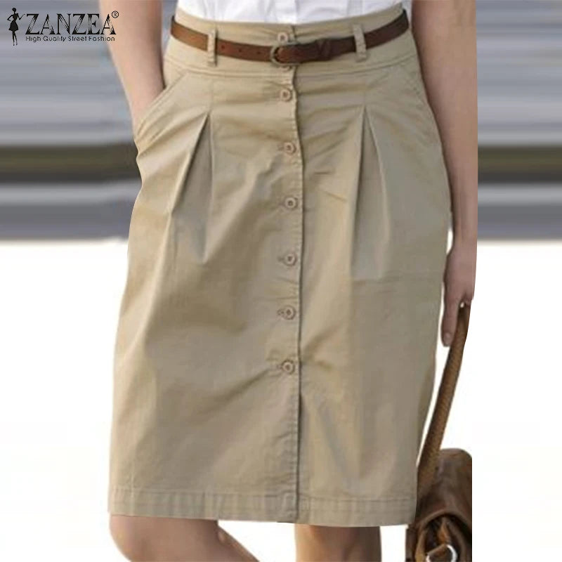 ZANZEA Woman Fashion OL Work Skirts Summer Elegant High Waist Skirt Female Casual Pleated Robe Vintage Buttons Up Faldas Saia