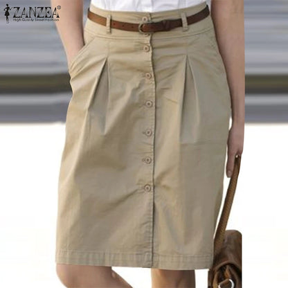 ZANZEA Woman Fashion OL Work Skirts Summer Elegant High Waist Skirt Female Casual Pleated Robe Vintage Buttons Up Faldas Saia
