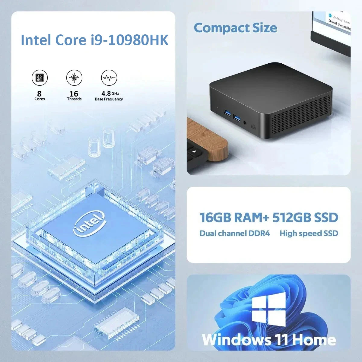 2026 Brand New Intel Core I9-10980HK Windows 11 Pro 32GB RAM 1TB SSD Gaming I9 Computer WiFi 6 USB3.0 Mini Desktop Computer PC