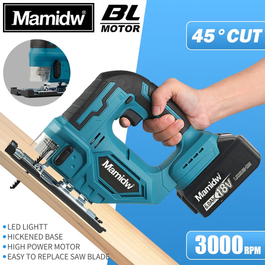 Mamidw Cordless Jigsaw Electric Curve Saw 3000RPM No-Load Speed, 20mm Stroke Length, 45° Tilting Function, Ergonomic Handle, Powered Precision Saw for Wood, Metal, Plastic Cutting, DIY & Professional Use (Tool Only) Compatib