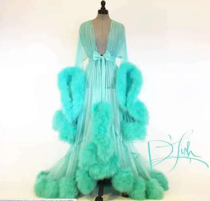 Sexy Deep V-neck Tulle Maternity Dresses Lace Hollow Horn Long-sleeved Feather Trailing Dress Photo Photography Props Vestidos
