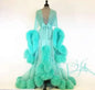 Sexy Deep V-neck Tulle Maternity Dresses Lace Hollow Horn Long-sleeved Feather Trailing Dress Photo Photography Props Vestidos
