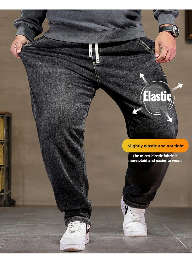 Extra Big Size Jeans Men High Elastic Waist Baggy Denim Pant Male Plus Large Loose Slim Fit Cowboy Trouser 8XL 6XL Classic Black