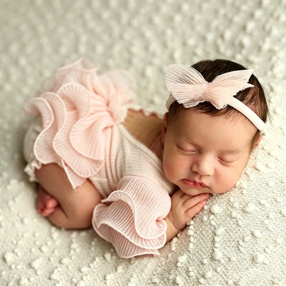 Ylsteed 2 Pieces Set Beige Newborn Photography Costume Lace Romper Bow Headband Set Baby Girl Photo Shooting Outfits