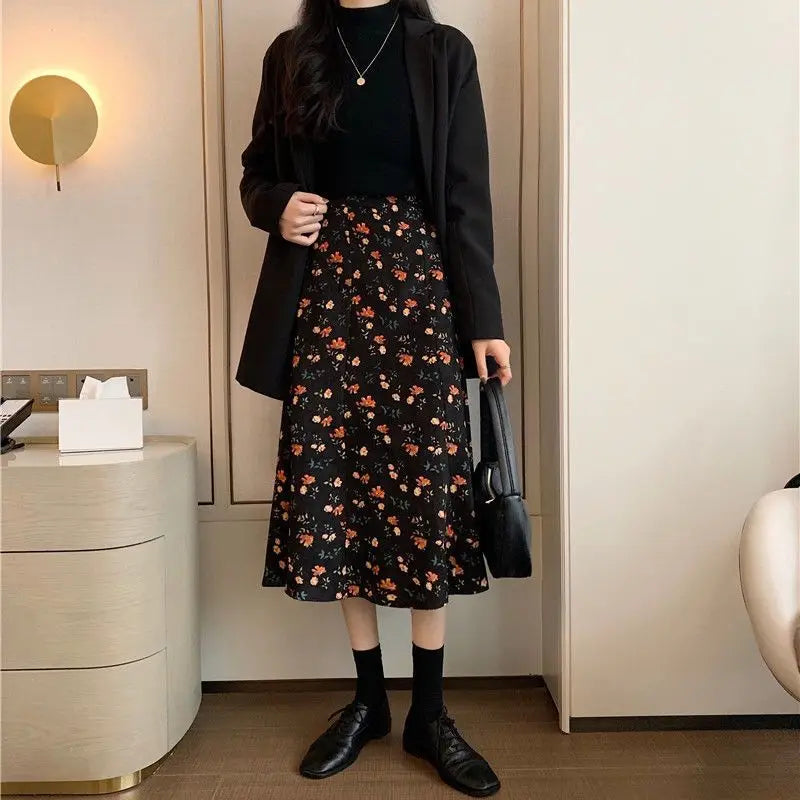 Women Floral Corduroy Midi Skirt High Waist A Line Printed Swing Long Skirt For Spring Autumn