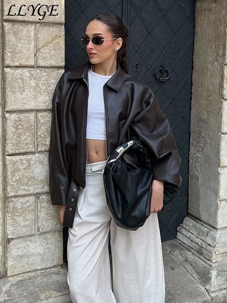 Street Women's Belt Leather Jackets Loose Lapel Zipper Long Sleeve Pockets Female Coats 2026 Autumn Lady Fashion Y2k Outwear