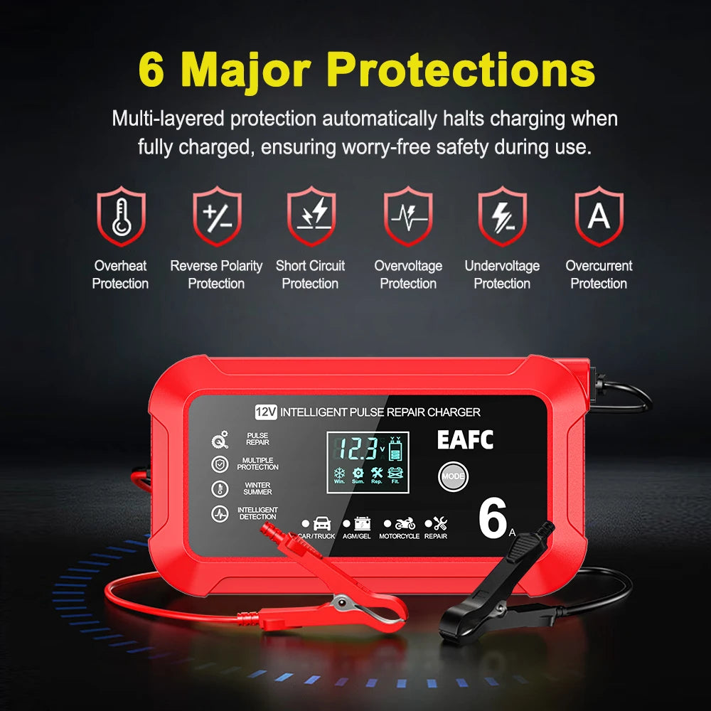 Car Battery Charger 6A 12V Car and Motorcycle Battery Charging Device Lead-acid Battery Smart Repair LCD Display