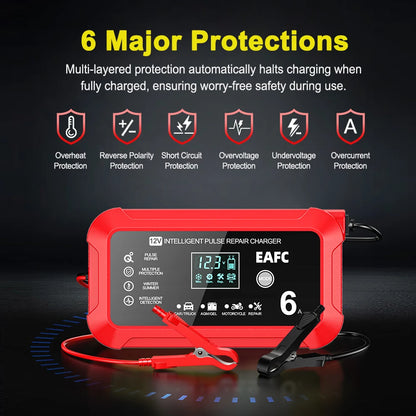 Car Battery Charger 6A 12V Car and Motorcycle Battery Charging Device Lead-acid Battery Smart Repair LCD Display