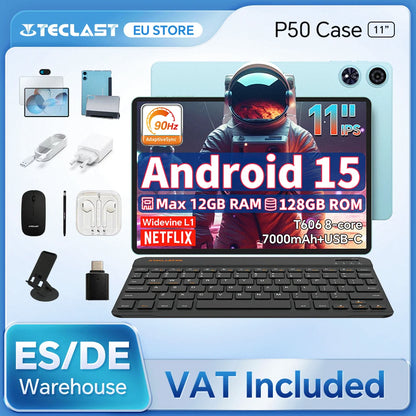 Teclast Tablet P50 Case Android 15 11" T606 8-Core Max 12GB RAM 128GB ROM P50 Case/Keyboard/Mouse/Stylus/Headphone/Stand