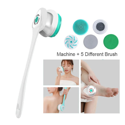 Electric Bath Brush 5-in-1 Long Handle Rechargeable Spin Body Facial Scrubber Back Rubbing Cleaning  Massage Spa Shower Brush