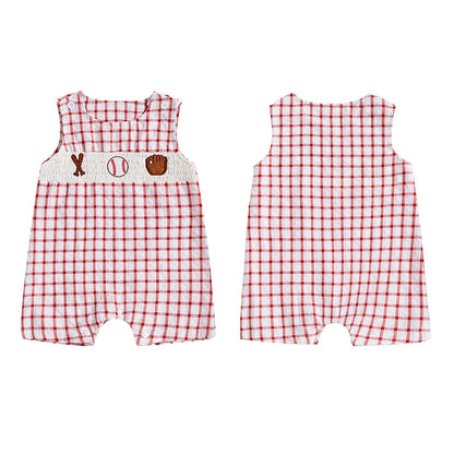 Newborn Baby Boy Girl Baseball Outfit Sleeveless Overalls Romper Smocked Baseball Bubble Summer Plaid Bodysuit