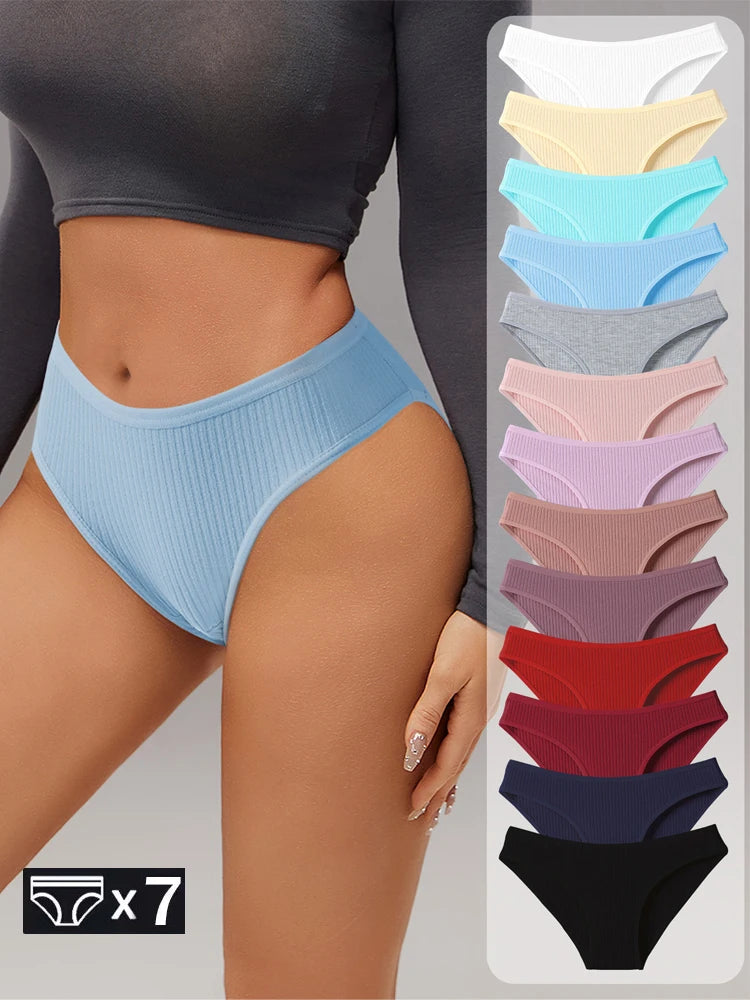7Pcs Women's Panties Striped Briefs for Women Low-Rise Breathable Cotton Female Soft Underwear Solid Colors Ladies Underpants