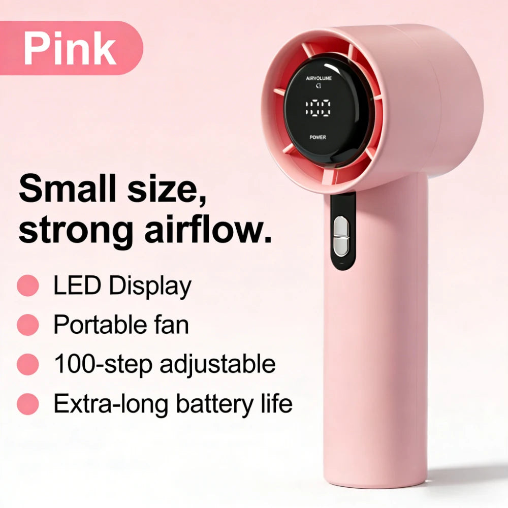 Rechargeable Handheld USB Fan, 100 Adjustable Speeds Digital Screen Mini Personal Fan, Lightweight Portable Cooling Fan for Outd
