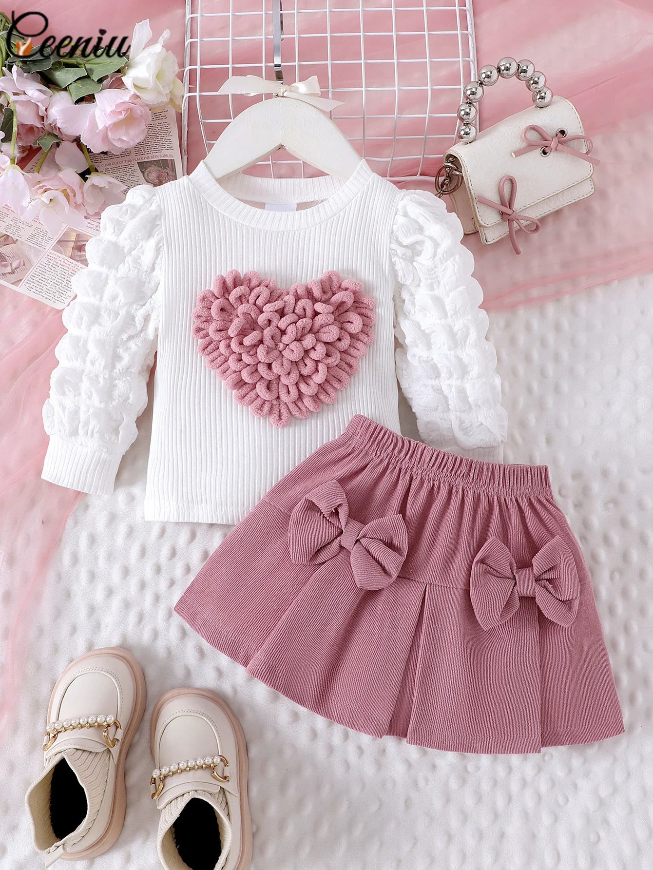 0-3Y Baby Girl Outfit Set 2pcs Puffy Sleeve Heart Shape Top and Corduroy Skirts Valentines Day Sweet Toddler Kids Clothes Girls