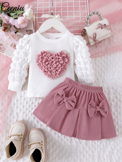 0-3Y Baby Girl Outfit Set 2pcs Puffy Sleeve Heart Shape Top and Corduroy Skirts Valentines Day Sweet Toddler Kids Clothes Girls