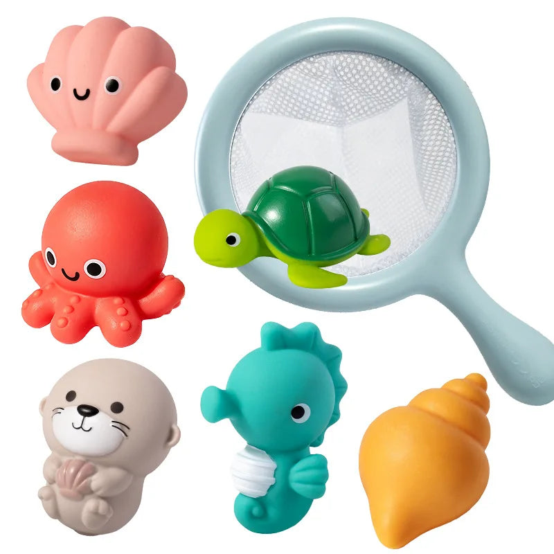 Frog Net Fishing Bath Toy Baby Floating Turtle Animal Squeeze Squeaky Pool Summer Splashing Water Toy Gift