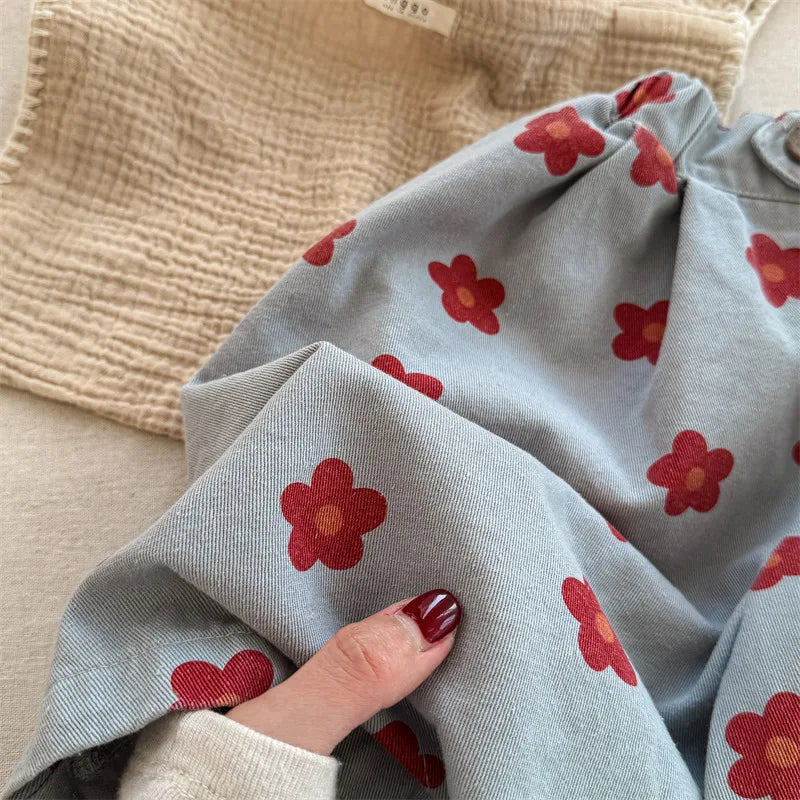 Spring/Summer Calf Length Pants for Girls Floral Print Anti-mosquito Breeches Korean Kid's Loose 7 Point Pants Childrens Clothes