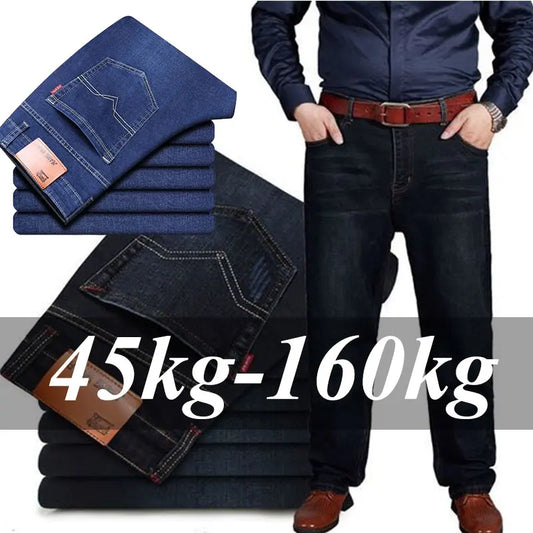 47-160KG Plus Size Men's Jeans Autumn Spring Black Blue Pants Straight Business Loose Long Trousers Cotton Jeans Male Clothing