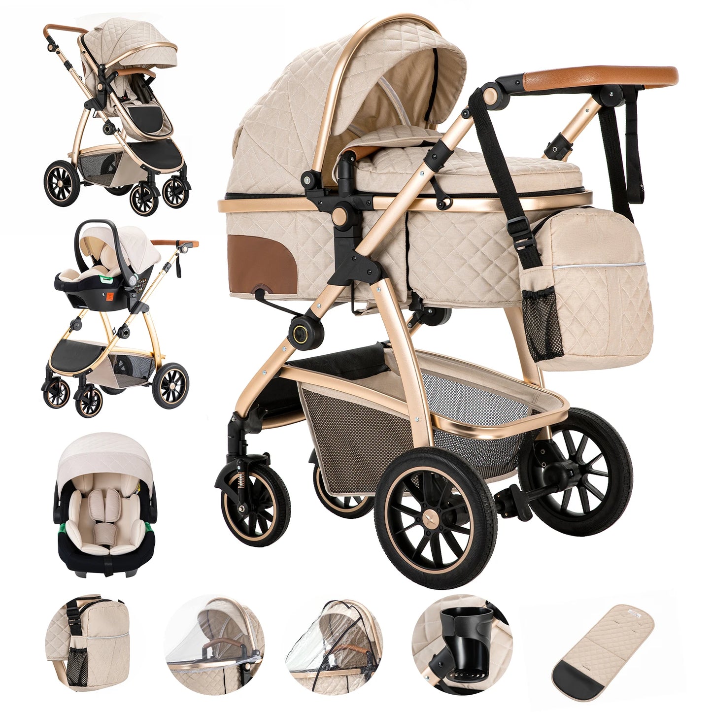 Baby Stroller 3 in 1 Easy Folding Multifunctional Stroller Travel Portable Baby Carriage Safety Seat EU Standard Aluminum Frame