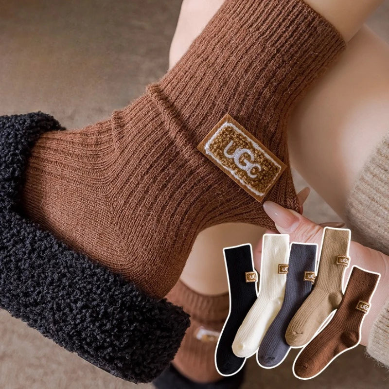 1/3Pairs Winter Thick Warm Padded Socks Solid Color Mid Calf Socks Women’s Casual Embroidered Logo Pile Socks Cold Weather Wear