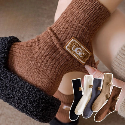 1/3Pairs Winter Thick Warm Padded Socks Solid Color Mid Calf Socks Women’s Casual Embroidered Logo Pile Socks Cold Weather Wear