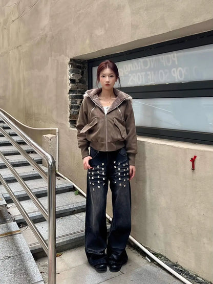 American Retro Washed Rivet Wide Leg Jeans Women Autumn and Winter New Loose Casual Slim Straight Pants