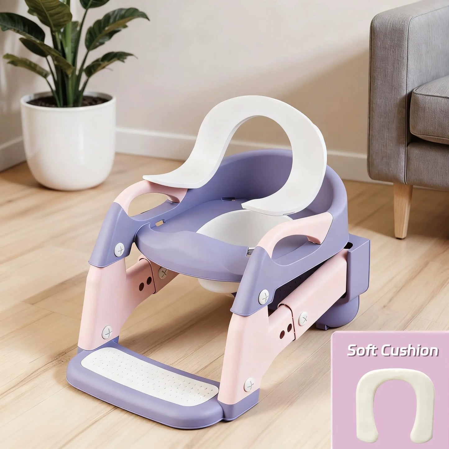 2-in-1 Toddler Toilet Ladder Seat – Adjustable Potty Training Seat with Non-Slip Steps & Anti-Slip Pads, Foldable for Boys & Girls, Bathroom Toilet Trainer (Grey Green Purple)