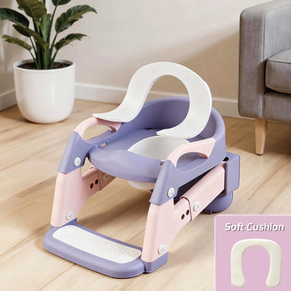 2-in-1 Toddler Toilet Ladder Seat – Adjustable Potty Training Seat with Non-Slip Steps & Anti-Slip Pads, Foldable for Boys & Girls, Bathroom Toilet Trainer (Grey Green Purple)