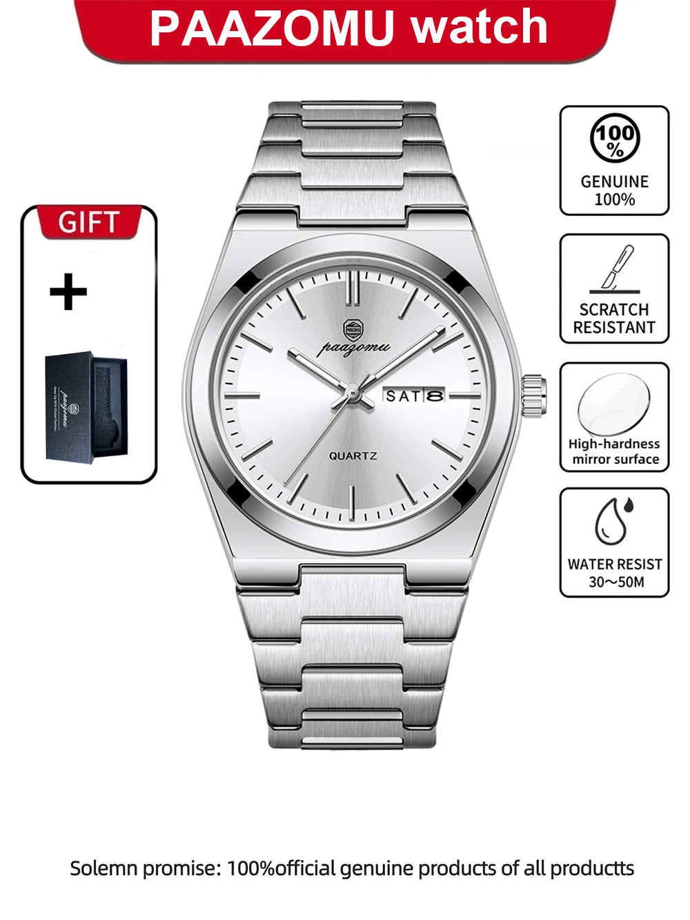 PAAZOMU Fashion Men's Quartz Watch Stainless Steel Waterproof Luminous Man Watch Chronograph Date Multifunction Watches For Men