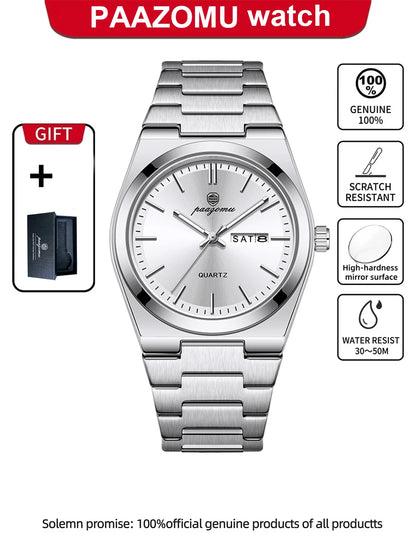 PAAZOMU Fashion Men's Quartz Watch Stainless Steel Waterproof Luminous Man Watch Chronograph Date Multifunction Watches For Men