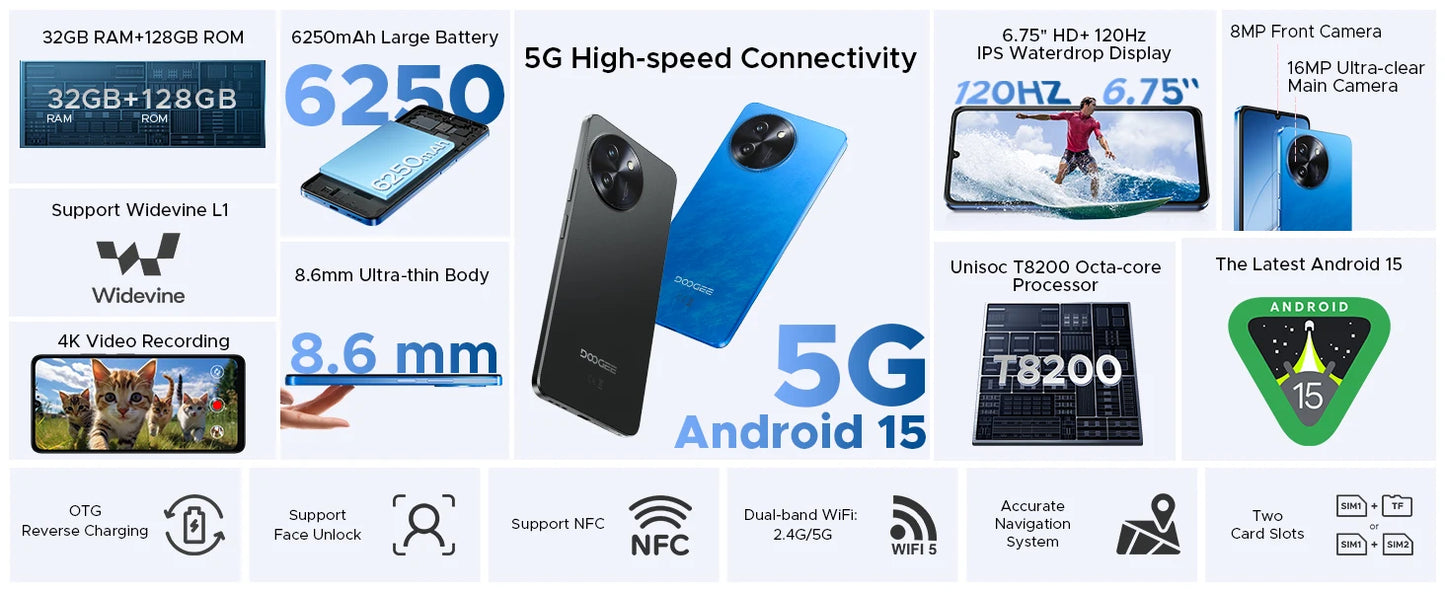 DOOGEE Note 59 5G SmartphoneAndroid 15 NFC Cellphone 6.75" Screen 32GB (8+24) 128GB Unisoc T820  6250mAh Battery Mobile Phone
