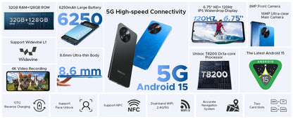 DOOGEE Note 59 5G SmartphoneAndroid 15 NFC Cellphone 6.75" Screen 32GB (8+24) 128GB Unisoc T820  6250mAh Battery Mobile Phone