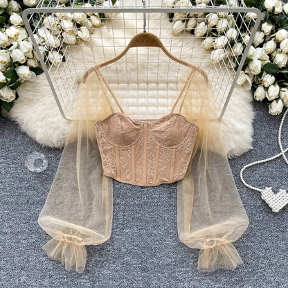 Women Chic Lace Mesh Sheer  Long Sleeve Backless Crop Top Solid Slim Sexy Korean Fashion Summer Women Shirt Square Collar