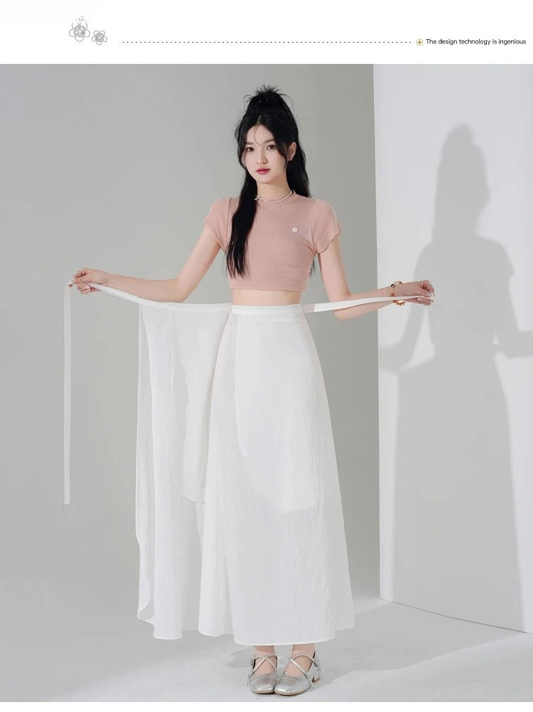 Chic Korea Clothes Summer Women Cute Sweet GIrls Solid Robe Holiday Date High Waist Retro Vintage Wrap One-Piece Lace-Up Skirts