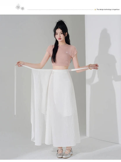 Chic Korea Clothes Summer Women Cute Sweet GIrls Solid Robe Holiday Date High Waist Retro Vintage Wrap One-Piece Lace-Up Skirts