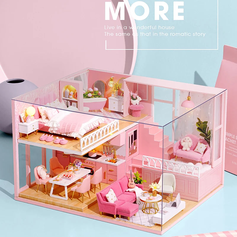 Doll House Kit 3D Wooden Mini DollHouse Assembly Building with Furniture Kit Toy For Birthday Gift 3D Puzzle Handmade Home Decor