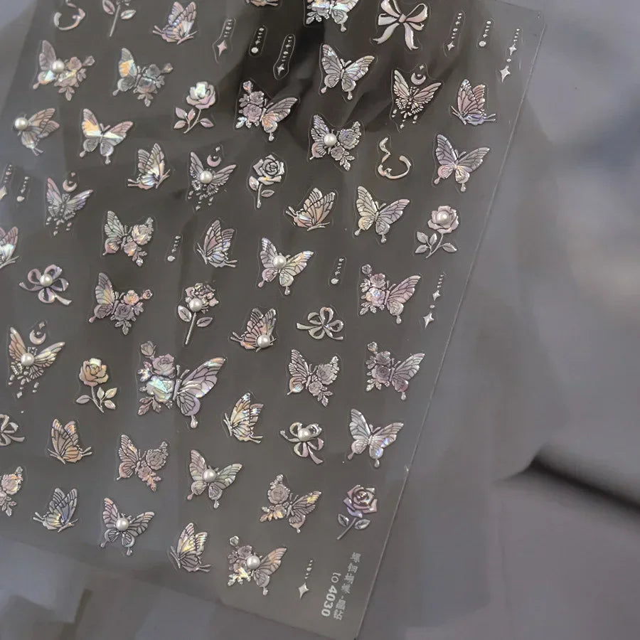 Shiny Jelly Butterfly Charming Golden Gradient Bowknot 5D Self Adhesive Nail Art Sticker Flower Petal Rhinestone Manicure Decals