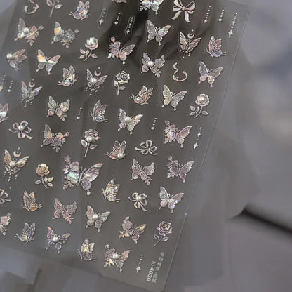 Shiny Jelly Butterfly Charming Golden Gradient Bowknot 5D Self Adhesive Nail Art Sticker Flower Petal Rhinestone Manicure Decals