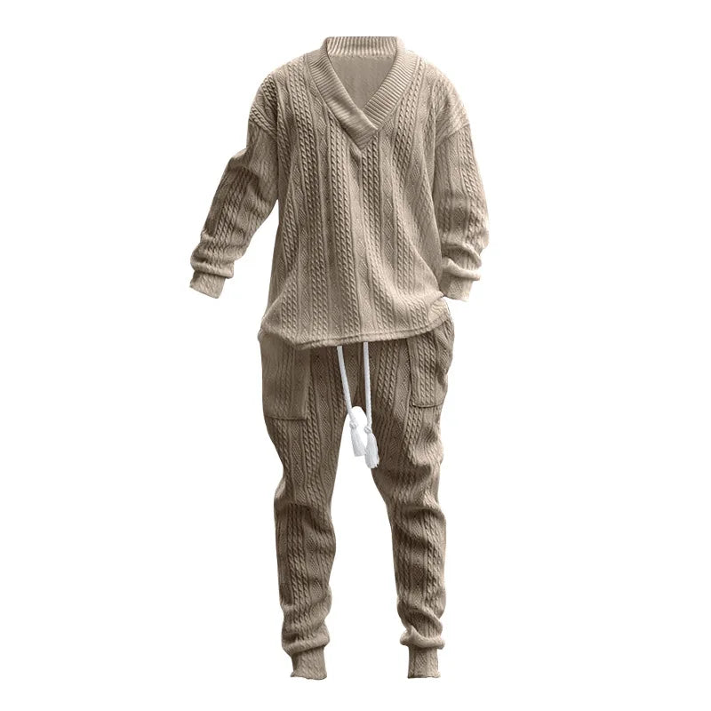 2025 Cross-border New Men's Casual Trousers V-Neck Versatile Jacquard Knitted Sweater Set