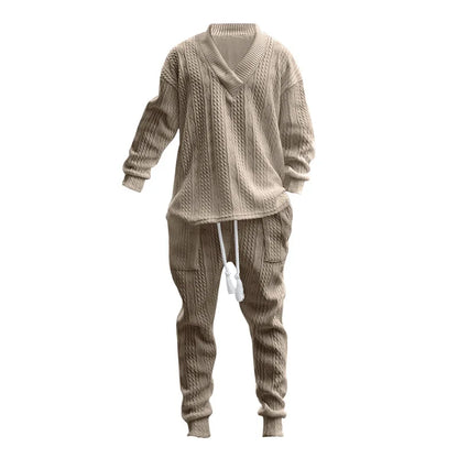 2025 Cross-border New Men's Casual Trousers V-Neck Versatile Jacquard Knitted Sweater Set