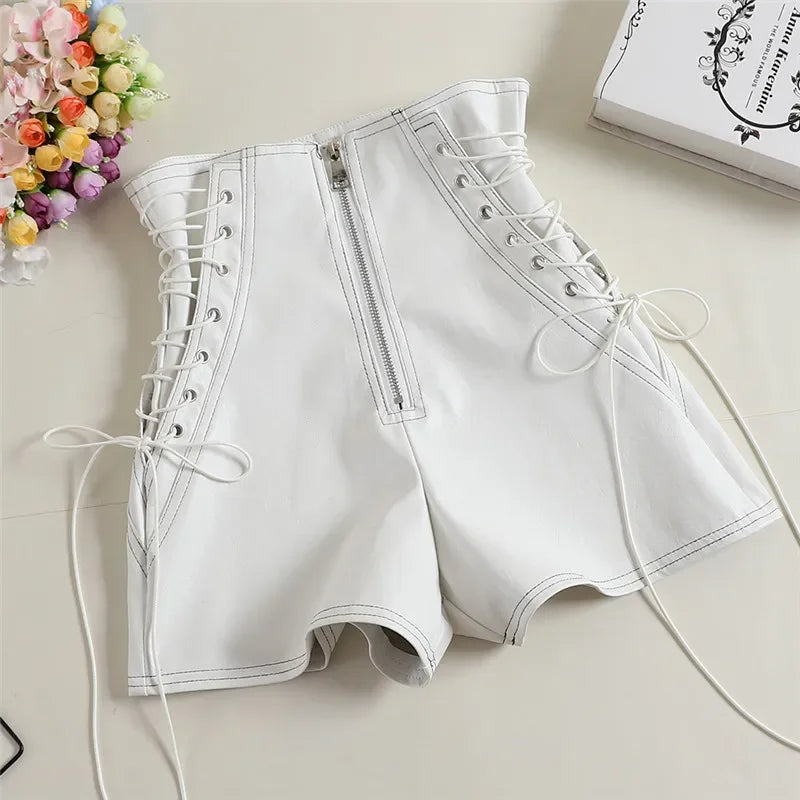 Autumn Women PU Shorts Tie High Waist Shorts Female Casual Black Shorts Ladies All Match Wide leg Shorts Short Pants