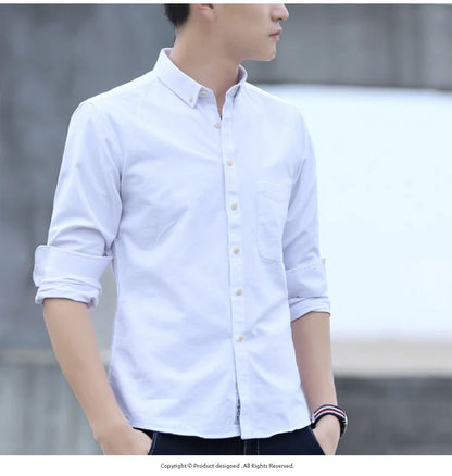 Classic Fit Cotton Full Casual Shirts for Men Solid Color Long-Sleeve Plain Shirt Single Pocket Top Soft Slim Fit Formal Clothes