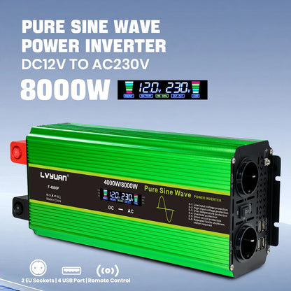 LVYUAN Pure Sine Wave Power Inverter 2000W 3000W 4000W DC 12V 24V to AC 230V LCD Remote Control 2 EU Sockets USB Home RV Solar