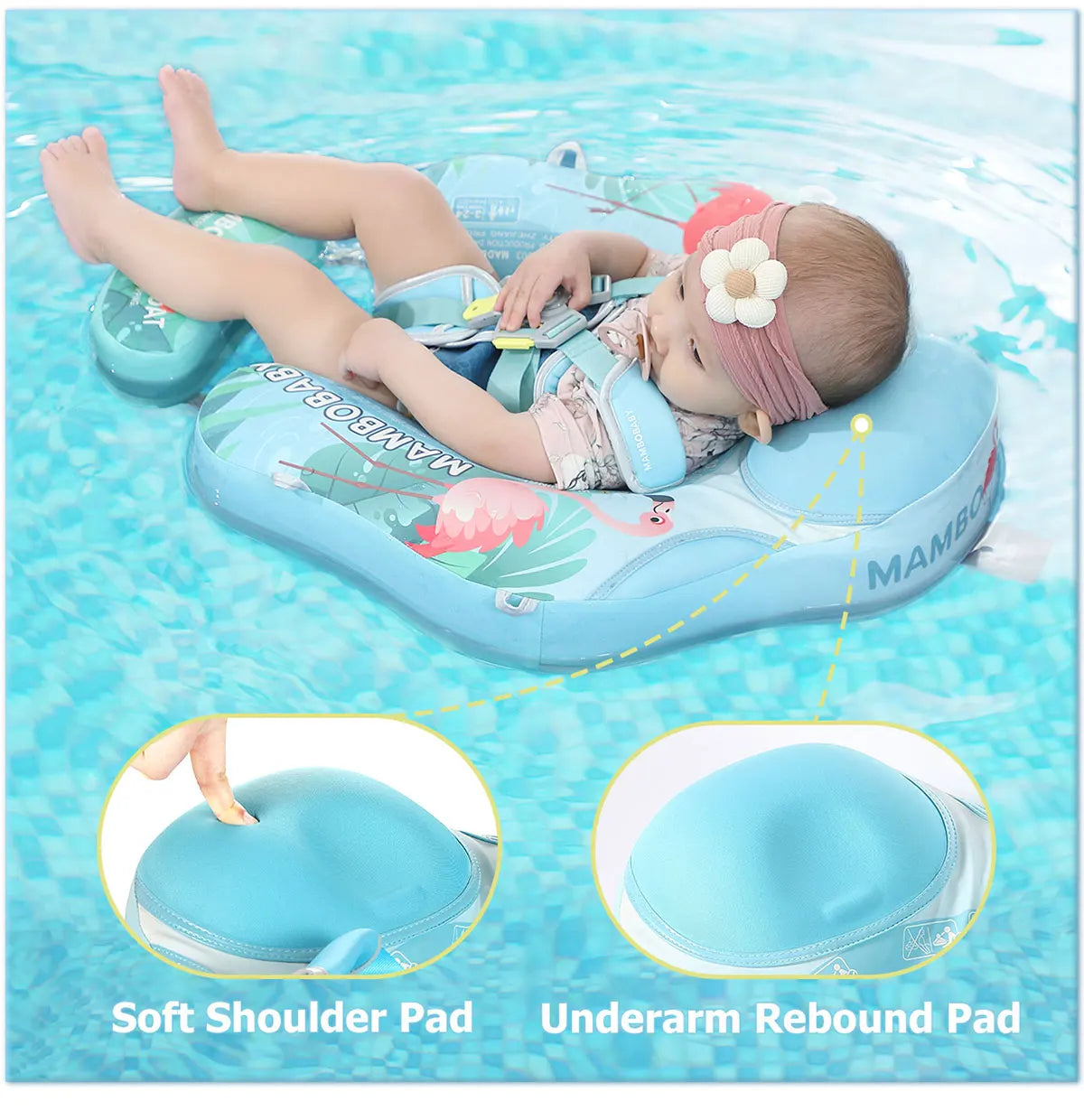 Mambobaby Gentle Skin-Safe Flamingo Air-Free Chest Float with Flat Canopy B503-143-W-Z Baby Swimming Ring Infant Water Circle