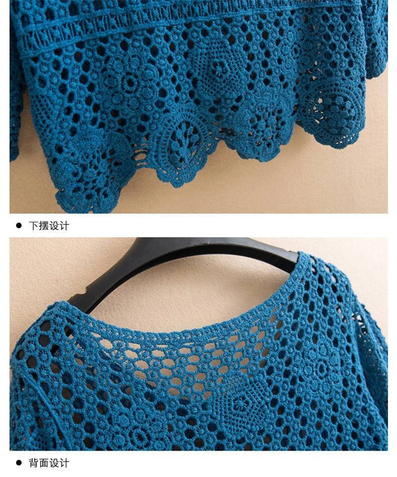 Women's Summer Short Jacket 2025 New Pullover Round Neck Knit Female Sweater Top Loose Fashion Hollowing Out Ladies Lace Tops