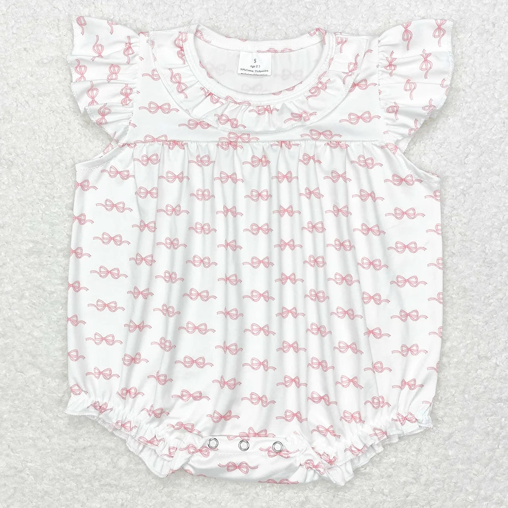 New Fashion Baby Infant Girls Rompers Bow Pink Flutter Sleeve Rompers Boutique Toddler Girls Bubble Rompers Onesie Wholesale Hot