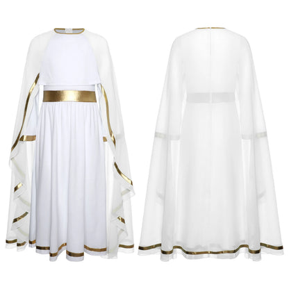 Halloween Virgin Mary Costume for Kids Girls Fancy Greek Princess Cosplay Long Sleeve Ruffle Dress with Chiffon Cape Theme Party