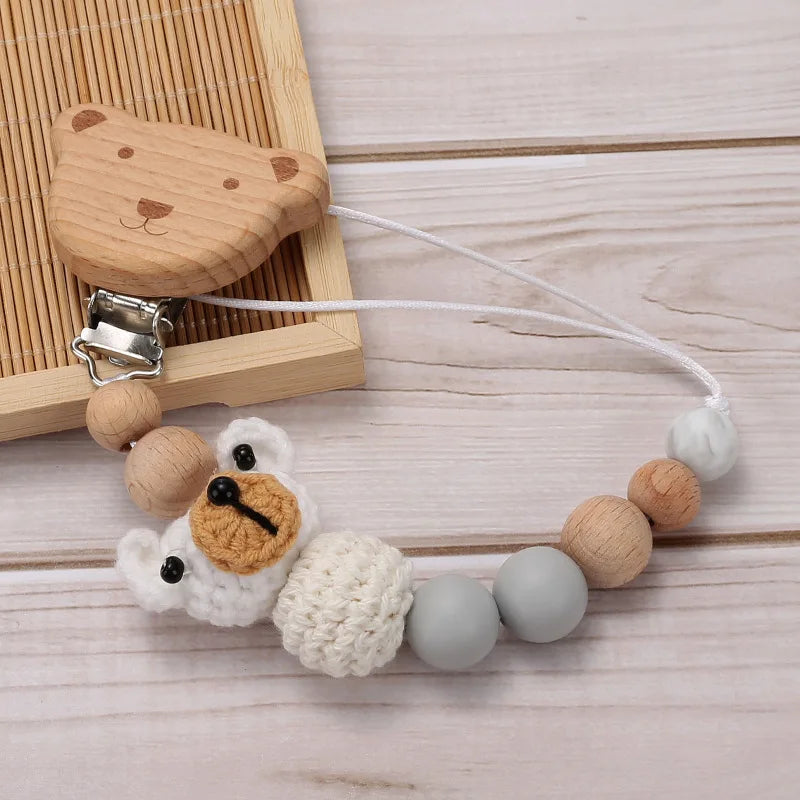 Cartoon Bunny Pacifier Chain Clip Wood Crochet Bear Teething Chain Baby Teether Soother Holder Newborn Chew Toys Pacifier Clips