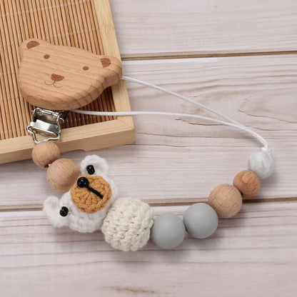 Cartoon Bunny Pacifier Chain Clip Wood Crochet Bear Teething Chain Baby Teether Soother Holder Newborn Chew Toys Pacifier Clips