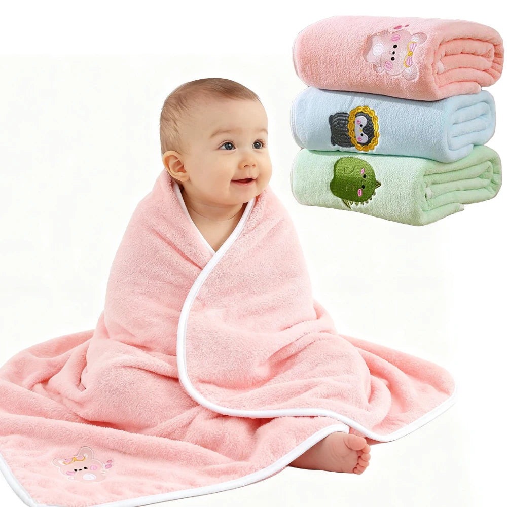 Baby Bath Towel Infant Swaddle Blanket Wrap Kids Cute Animal Embroidered Fleece Blanket Children's Soft Bathrobe Kids Blanket